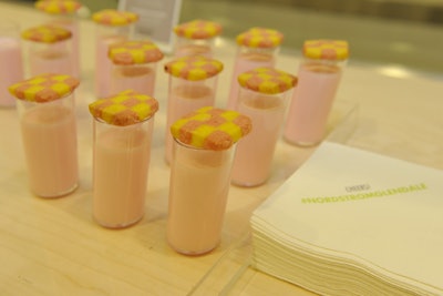 At Nordstrom's grand-opening gala at California shopping center the Americana at Brand, Command Performance Catering eliminated guests' need to juggle desserts and drinks by creating such items as a shot of strawberry milk topped by a lemon-raspberry checkerboard cookie.