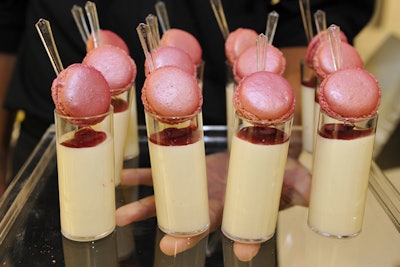For a two-in-one dessert option, Command Performance Catering wedged raspberry macarons atop servings of panna cotta for Nordstrom's grand-opening gala at the Americana at Brand.