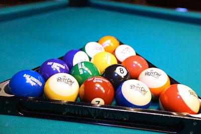 At Amsterdam Billiard Club, pool balls featured the event logo as well as branding for the Showtime drama Ray Donovan.