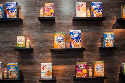 Boxes of various Kellogg's cereal brands and bottles of milk were used as decor throughout the space.