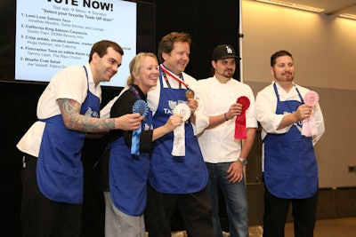 Chefs Jonathan Moulton of Sadie Kitchen and Lounge, Dustin Trani of DOMA Beverly Hills, Hugo Veltman of sbe, Tammy Lips of the Ripe Choice Catering, and Joe Vasiloff of Patina Restaurant Group cooked delectable hors d'oeuvres during the first BizBash Taste-Off.