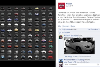 The first teaser content for the social media campaign was a poster showing images of Nissan vehicles that are currently available in Gran Turismo. In the bottom corner one car is covered by fabric with the date June 10 below it, indicating more details would be released on that date.
