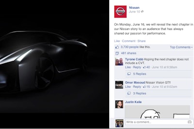 On June 10, Nissan shared the next image, a picture of its concept car in silhouette. Deeney said his team chose June 10 because that was the opening of the Electronic Entertainment Expo, known as E3, and they knew there would be heightened media coverage of the gaming community.