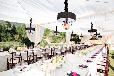 Tuxedo Chandelier illuminated decor in tented daytime wedding reception at Napa Valley, California