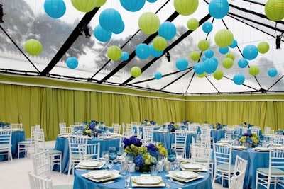 Lantern Collection - Blue and green ribbed lanterns in tent at Conservatory of Flowers in San Francisco, California