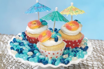 Cupcakes topped with oceanic Berry Blue and Blueberry jelly beans.