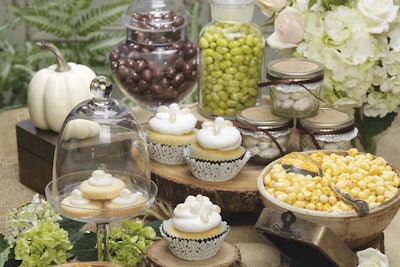 An earthy candy buffet for weddings, green events and conventions.