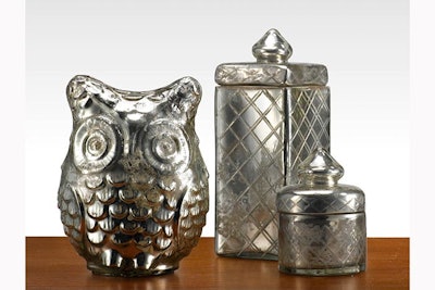 Antiqued silver glass owl & jars