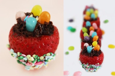 Sweet twist, strawberries filled with chocolate and Jelly Belly beans.
