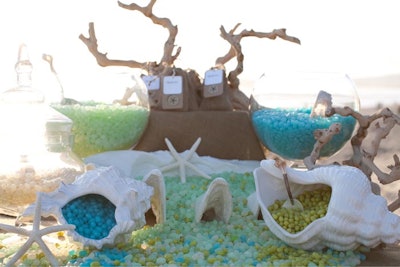 A beach-themed buffet with sea foam Jelly Belly beans.