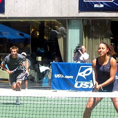 Tennis players Andy Roddick and Alexandra Stevenson volleyed with fellow players at Rockefeller Center for the United States Tennis Association's Rock & Rally promotional event.