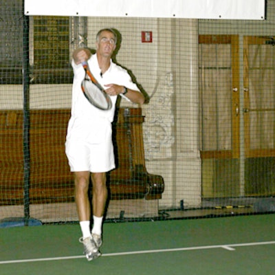 Tennis champion Todd Martin served the ball in a makeshift court at Tennis magazine's pre-U.S. Open Grand Slam event at Vanderbilt Hall in Grand Central Terminal.