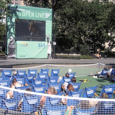 Comfy blue beach chairs emblazoned with the American Express logo—and reserved for cardholders—filled the fountain in Madison Square Park in front of a Jumbotron set up for the brand’s U.S. Open viewing event.