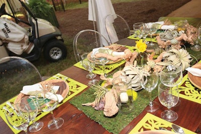 Table setting with accessories - chargers, place mats, driftwood center piece, moss runner and ghost chairs