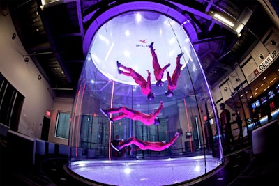 With new locations in Rosemont and Naperville, iFly Indoor Skydiving offers a unique group activity: participants 'fly' or float on a column of air that's generated by winds blowing at 75 to 175 miles per hour. The venues are available for corporate outings for as many as 50 guests; as many as 12 guests can participate in the flying at once. Before the activity, all guests take a brief course that covers body positioning and hand signals for flying; they then suit up with helmets, flight suits, ear plugs, and goggles. The venues also offer corporate boardrooms that groups can use to hold meetings before or after the activity.