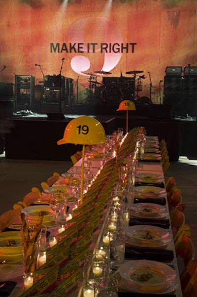 Bright yellow construction hats served as on-theme—and easy-to-read—custom table numbers at the Make It Right gala, which was held in May at the Sugar Mill in New Orleans.
