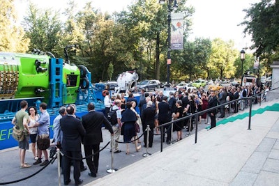 The organizers positioned the Deepsea Challenger submersible used by James Cameron in his record-setting dive outside the American Museum of Natural History on Central Park West for 24 hours for public viewing. Arriving guests walked a 350-foot-long deep green carpet (inspired by the sub's body color) into the museum where they were served Ruinart champagne. About 3,000 square feet of space was used in the Hall of Biodiversity and circulation paths.