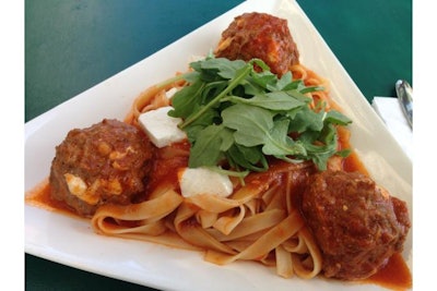 Cooganelli's Meatballs - stuffed with homemade fresh mozzarella cheese in pomodoro sauce with fettuccine