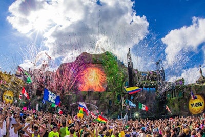 Many of the festival's sets, decorations, and props, such as the main stage, were used at the Tomorrowland festival in Belgium and then shipped across the Atlantic Ocean for TomorrowWorld. The main stage, measuring more than 400 feet wide and 100 feet tall, included a computer-controlled volcano and multiple waterfalls.