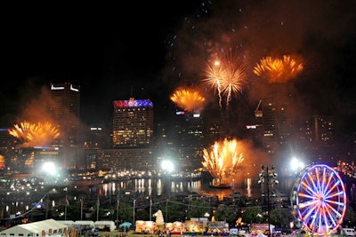 The fireworks program from Fireworks by Grucci used more than 98,000 pyrotechnic effects and created a patriotic image above Baltimore's Fort McHenry and Inner Harbor.