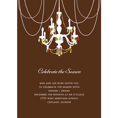 The chic chandelier adorning the holiday party invitations from Minnesota's Pear Tree Greetings offers a festive fit for event planners. Pricing starts at $35.23 for 24 invites, including white envelopes.