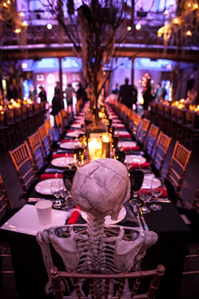 In September 2013, Target launched its Halloween wig collection by designer Chris March with a ghoulish bash at the Angel Orensanz Foundation for the Arts in New York. Hatch Creative Studio’s tabletop decor incorporated pieces from the retailer’s line of Halloween-theme products and home decor items. At the head of each table sat a spooky guest: a plastic skeleton.