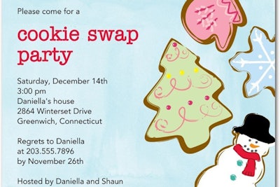 Invite hungry co-workers to a holiday cookie exchange with the sweet invites from California-based Tiny Prints. Pricing starts at $16.40 for 10 invites, including envelopes.