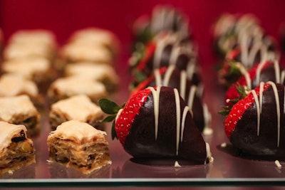 House-made pistachio baklava and chocolate covered strawberries