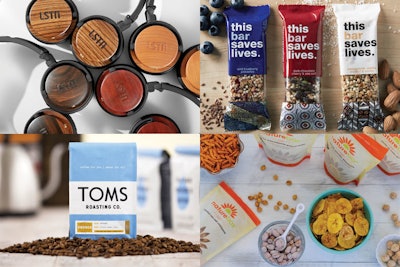 (Pictured clockwise, from top left) Gifts of LSTN headphones provide hearing aid to people in need, This Bar Saves Lives sends food to malnourished children, NatureBox proceeds benefit Feeding America, and Toms has a buy-one-give-one coffee program.