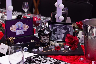To tie to the gala theme of 'Legendary,' NV Design Firm created centerpieces with lightbulb-covered frames to look like vintage makeup dressing stations and props that honored Hollywood actors such as Elizabeth Taylor.