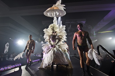 Instead of the traditional headdress competition with entries from Central Florida corporations and nonprofits, this year organizers opted to feature professionally made headdresses that paid tribute to past galas along with headdresses that had won the competition in years past, including an 'Ode to Marie Antoinette' from Lee James Floral (pictured).