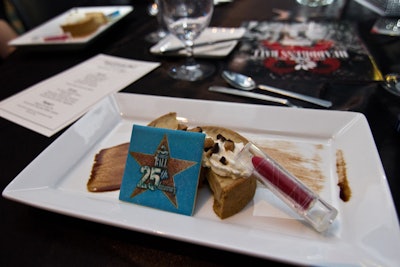 For dessert, guests dined on a banana tart accompanied by an edible tile airbrushed to look like a star on the Hollywood Walk of Fame. A plastic lipstick tube was filled with an edible hand-rolled cylinder of raspberry-flavored white chocolate, which also transferred color like real lipstick.