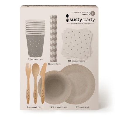 The eco-friendly party supplies from Susty Party can be mixed and matched. Plus, the plates and bowls are microwavable and oven- and freezer-safe. The starry night party pack, $22.99, serves eight and contains dessert plates, cups, straws, a tablecloth, wood cutlery, and cocktail napkins.