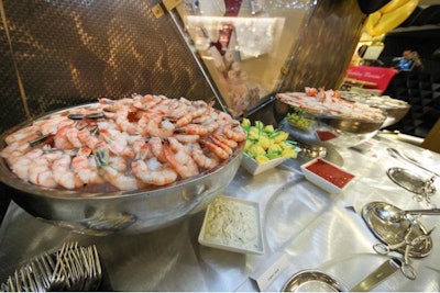 Seafood display- Prawn cocktail, selection of fresh oysters, and poached King Crab legs