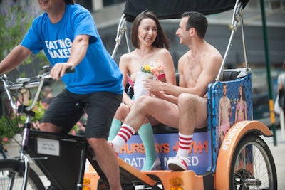 To create buzz for its Dating Naked series, VH1 shuttled nearly nude couples around New York's Grand Central Terminal in branded pedicabs on July 16.