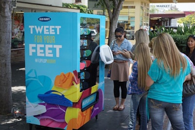 Old Navy worked with A2G to fuel buzz for its annual $1 Flip-Flop Sale by enticing consumers to tweet about the offer in exchange for a pair of free flip-flops dispensed from interactive vending machines stationed at 36 locations in Los Angeles and New York. With 9,000 shoes gifted, the company generated 12 million social media impressions during the campaign’s three-day run from June 24 to 26.