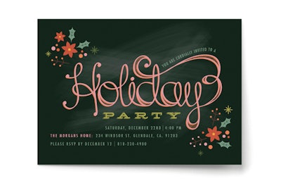 Minted in San Francisco offers nostalgic party invitations with whimsical poinsettia details and bold lettering, appropriate for a retro-theme holiday shindig. Pricing starts at $44 for 15 invites.