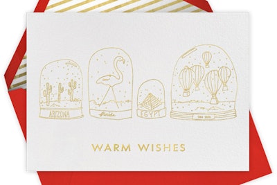 Send warm wishes with the Kate Spade New York digital greeting featuring merry tropical snow globes from Paperless Post. Basic online cards are free to send; custom options, such as logos, require coins, which can be purchased through the site. A paper version is also available. Prices start at $20.40 for 10 cards.