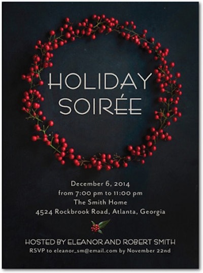 The elegant invitations from Tiny Prints feature a holly wreath presented on a black chalkboard-esque background for a timeless look. Pricing starts at $24.90 for 10 invites, including white envelopes.