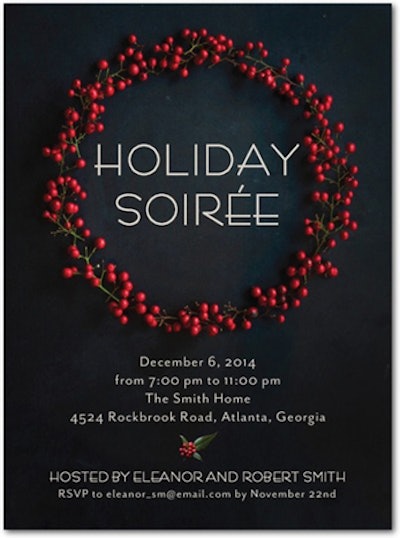 The elegant invitations from Tiny Prints feature a holly wreath presented on a black chalkboard-esque background for a timeless look. Pricing starts at $24.90 for 10 invites, including white envelopes.