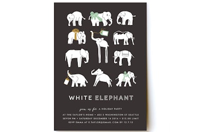 Organize a fun company gift-swapping party with the charming 'white elephant' invites from Minted. The design is available in five different shapes and three color choices. Pricing starts at $44 for 15 invites.
