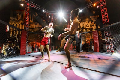 Mixed martial arts athletes fought in bouts in an octagon at the premiere party.