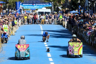 Drag queens hosted a drag race among eight teams competing in custom-designed cars. Bud Light painted the main road and lamp posts blue for the event, but returned everything to its original state after the event ended.