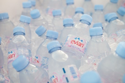 Detail photo of Evian bottles at a sponsored corporate event in Miami, Florida