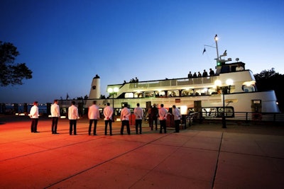 Boat arrival with waiters