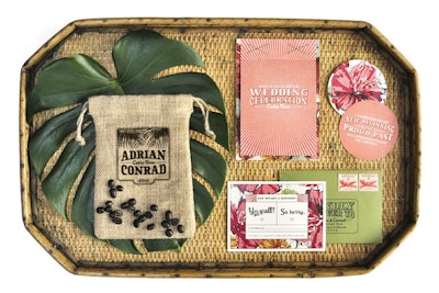 Take inspiration from the tropical wedding invitation by Coral Pheasant, which incorporates a bag of Costa Rican coffee beans in honor of the destination locale. Pricing is available upon request.
