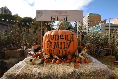 An oversize carved pumpkin, fabricated by Daddy-O Productions, stood at the entrance to the pumpkin patch and advertised Fox 5's nightly airings of Modern Family.