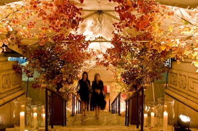 For the New York Public Library's Library Lions event in 2008, guests passed through archways of autumn leaves en route to the benefit's cocktail space.