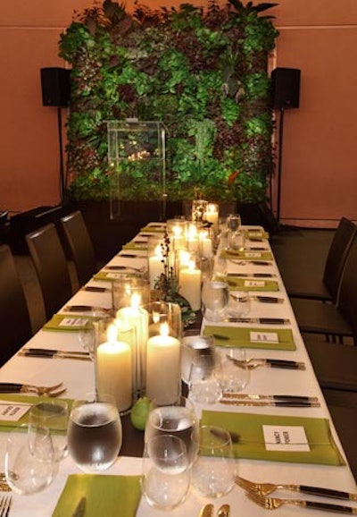 The Hammer Museum in Los Angeles hosts its annual 'Gala in the Garden' each year with tightly curated decor. In 2010, the look included tabletops clad in green linen napkins and white pillar candles for an earthy, fuss-free air.