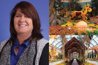 'In this year's fall display, we chose to use chrysanthemums because they are a flower that grows in seasonal shades of red, yellow, orange, and burgundy, serving as vivid representations of fall,” says Patricia Streeter, the conservatory manager at Bellagio Resort & Casino responsible for the conservatory and botanical gardens. “In addition, we incorporated a 40-foot-tall watermill, a talking tree, animated squirrels, a 12-foot-tall harvest basket, and mythical wooden creatures. To bring a mix of wonder created by nature, we also placed live pumpkins ranging from 450 to 1,200 pounds throughout the conservatory.'